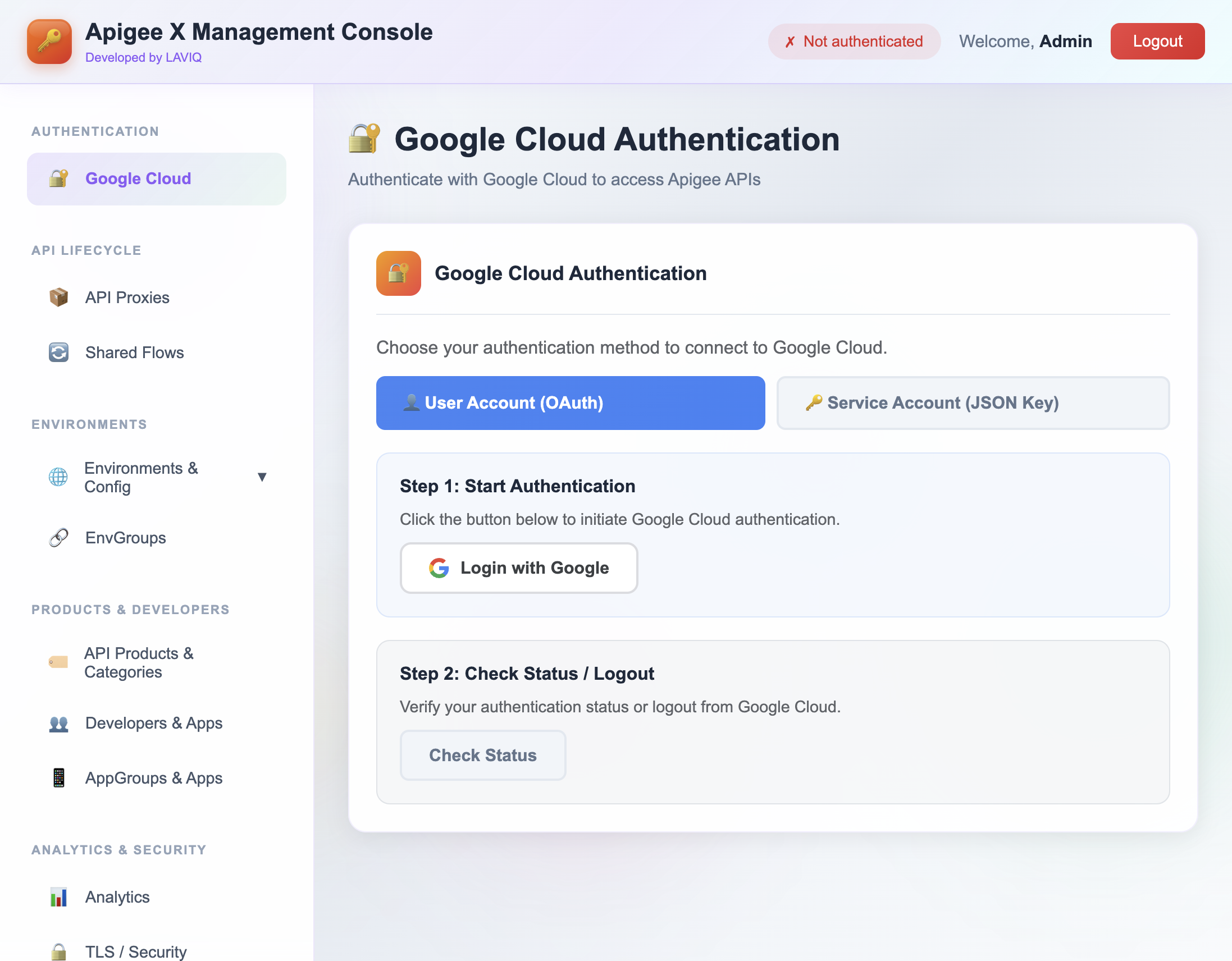 Apigee X Management API Tool – Google Cloud authentication in UI